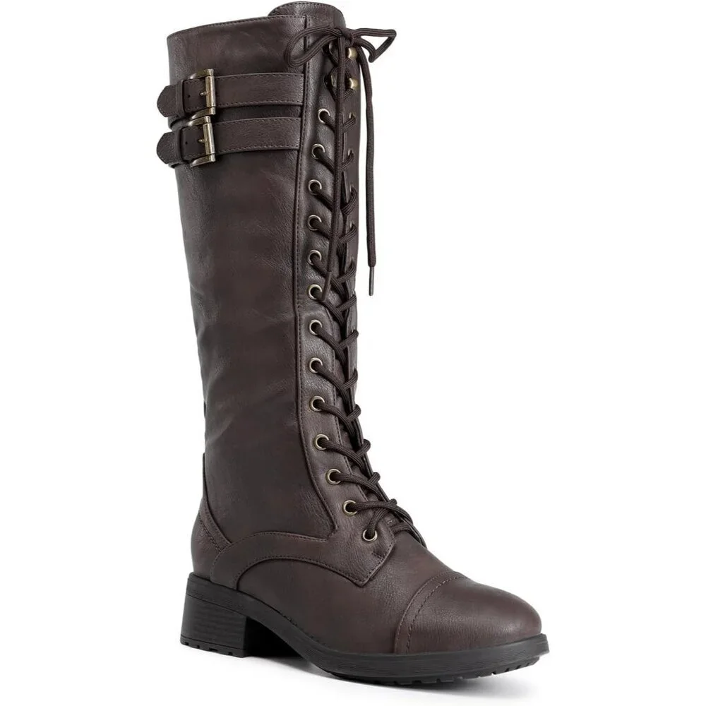 Women's Polyurethane Pu Georgia-brown Double buckle Knee High Riding Combat Boot